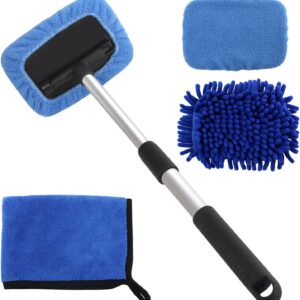 5 PCS Windshield Cleaning Tools, 18 inch Microfiber Car Window Cleaning Tool with Extendable Handle, Auto Interior Exterior Glass Wiper Car Glass Cleaner Kit with Microfiber Bonnet Pads and Cloth