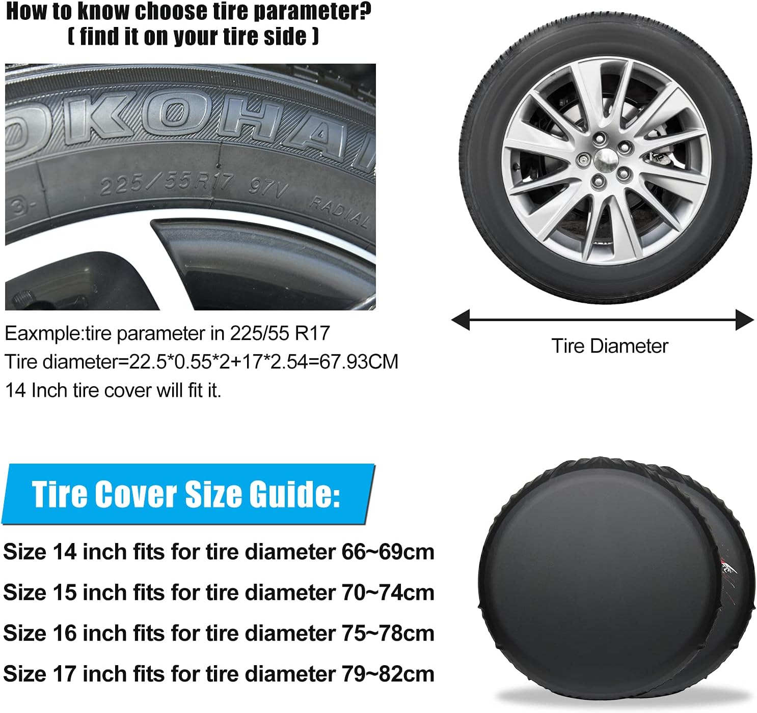 15 Inch Spare Tire Cover,PVC Leather Waterproof Dust-Proof Universal Spare Wheel Tire Cover Fit for Jeep,Trailer, RV, SUV and Many Vehicle,Wheel Diameter 28" - 29",Black - Image 2