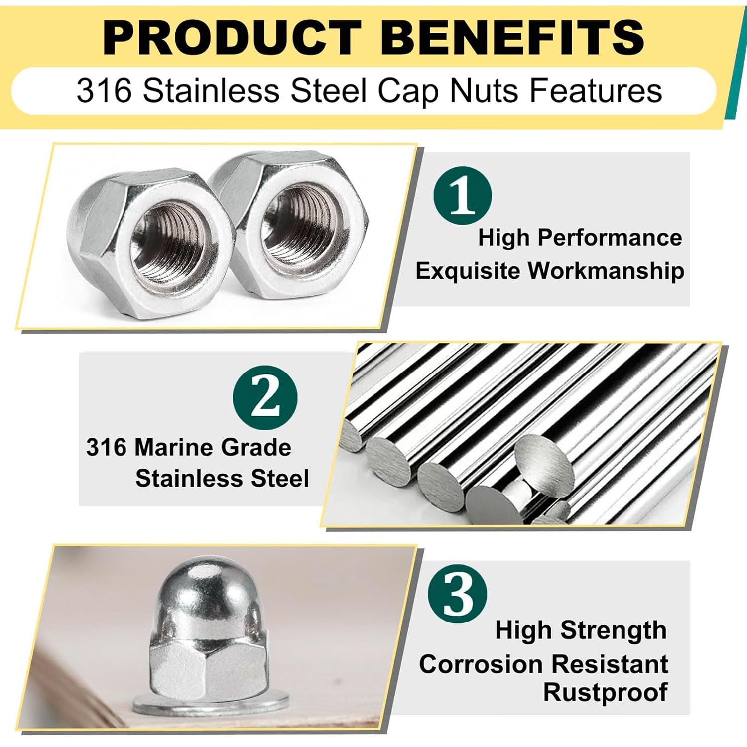 4 PCS License Plate Retainer Nuts Compatible with Volvo XC90/ V90/ V60/ S60/ S90 (Screws onto Existing Stud) - Tall Dome License Plate Screw Caps 316 Marine Grade Stainless Steel - Image 4