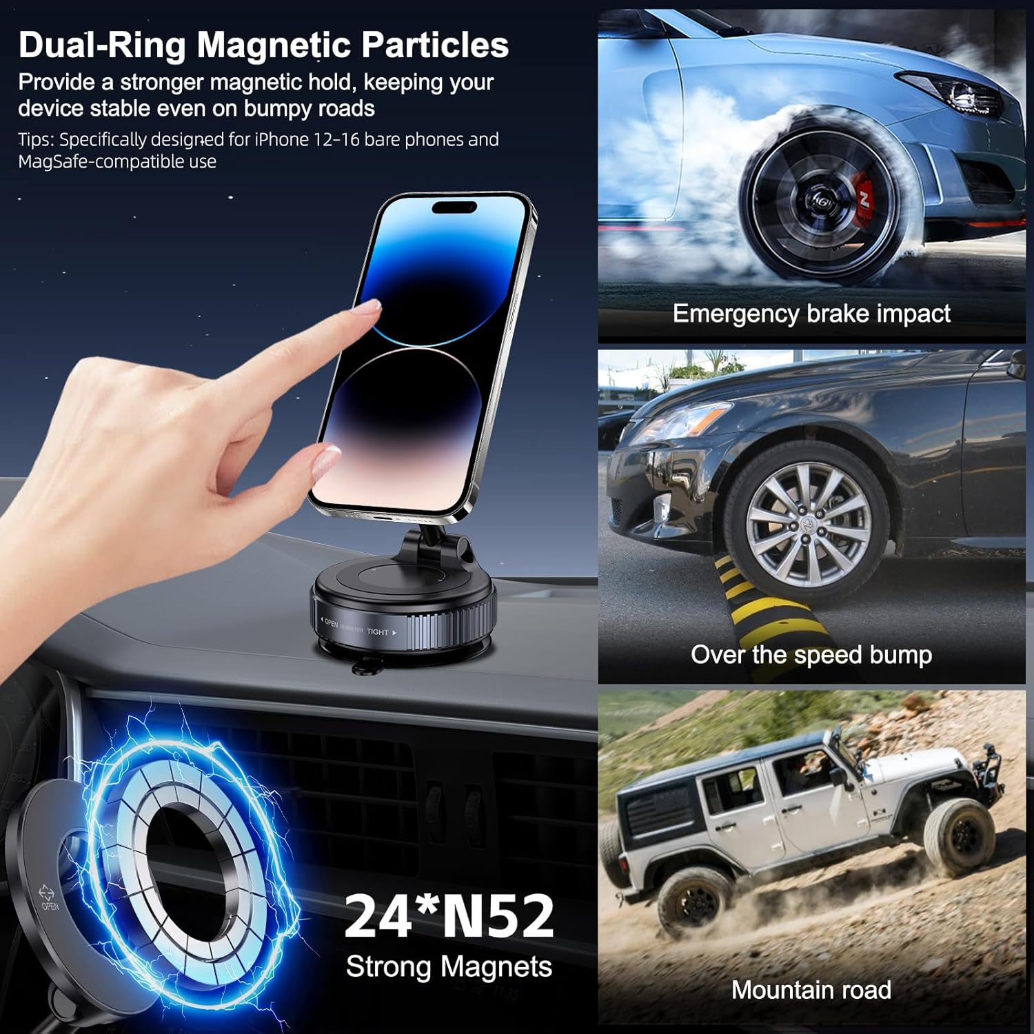 Vacuum Magnetic Suction Phone Holder, Foldable and Retractable Hands-Free Suction Cup Phone Mount for Car/Gym/Mirror/Smooth Surface, Compatible with iPhone Android and All Smartphones (Black) - Image 2